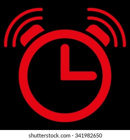 Alarm Clock vector icon. Style is flat symbol, red color, rounded angles, black background.