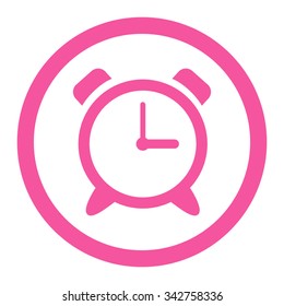 Alarm Clock vector icon. Style is flat rounded symbol, pink color, rounded angles, white background.