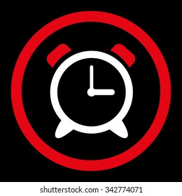 Alarm Clock vector icon. Style is bicolor flat rounded symbol, red and white colors, rounded angles, black background.