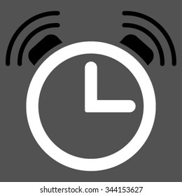 Alarm Clock vector icon. Style is bicolor flat symbol, black and white colors, rounded angles, gray background.