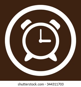 Alarm Clock vector icon. Style is flat rounded symbol, white color, rounded angles, brown background.