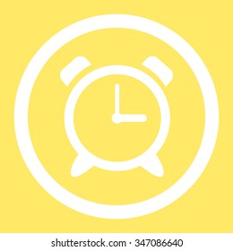 Alarm Clock vector icon. Style is flat rounded symbol, white color, rounded angles, yellow background.