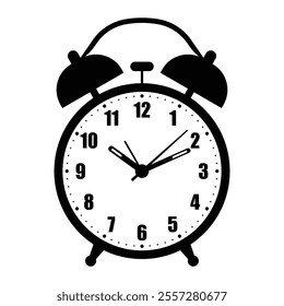 Alarm clock vector icon. Wake-up timer, timekeeping device, and morning reminder symbol. Black silhouette isolated on white background.