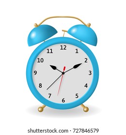 Alarm clock vector illustration. Blue object isolated on a white background. A clock that can be set to ring a bell at a particular time to wake a sleeping person.