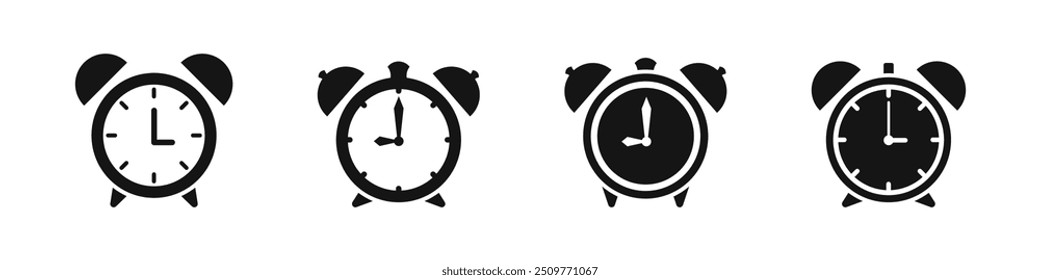 Ilustración vectorial del despertador. Iconos del vector del despertador. Despertador, Hora De Despertar. Iconos negros planos del reloj despertador