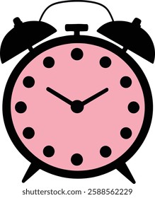 Alarm Clock Vector Illustration, Pink and Black, Isolated on White Background