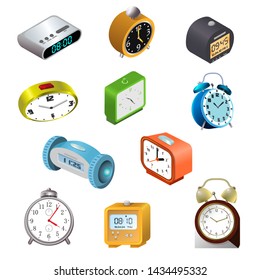 Alarm clock vector modern clockface clocked in time with hour or minute arrows 3d realistic illustration childish clocking object timer set isolated on white background