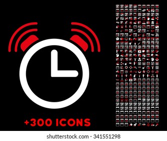Alarm Clock vector pictogram with additional 300 date and time management icons. Style is bicolor flat symbols, red and white colors, rounded angles, black background.