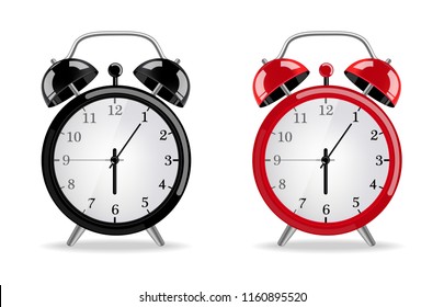 Alarm clock Vector realistic. Red and black clocks isolated on whites