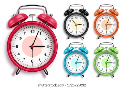 Alarm clock vector set. 3D realistic analog alarm clocks in various colors with glossy looks in front view for design elements. Vector illustration.
