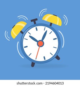 Alarm clock with vibrating bell tilting on a blue background. Vector illustration