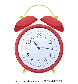 Alarm clock vintage red time countdown morning awake reminder ring vector flat illustration. Analogue timer classic hours minute counting alert retro instrument isolated. Timepiece clockwork