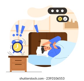 Alarm clock wake up concept. Man lying in bed. Comfort and coziness in bedroom. Dream and recuperation. Guy woke up after sleep. Cartoon flat vector illustration isolated on white background