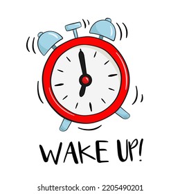 Alarm clock with Wake Up text. Cartoon. Vector illustration