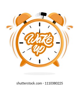 Alarm clock with Wake up text in lettering style. Ringing clock. Vector illustration design.