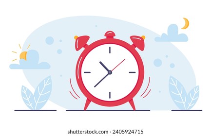 Alarm clock, wake up time with leaves and clouds on background in flat style. Vector illustration