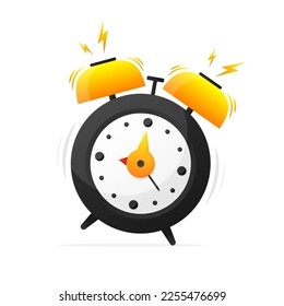 Alarm clock. Wake up time. Loud signal to wake up in the morning. Getting up in the morning or waking up. Mechanical signaling bell. Vector illustration.