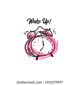 Alarm clock. Wake Up. Hand drawn. Vector illustration