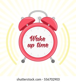 Alarm clock. Wake up vector poster concept. Red alarm Clock vector illustration. Wake-up time in school and at work. Flat icon in cartoon style.