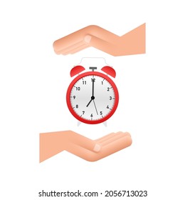Alarm clock, wake-up time in hands on white background. Vector stock illustration.