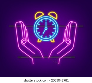 Alarm clock, wake-up time in hands on white background. Neon icon. Vector stock illustration