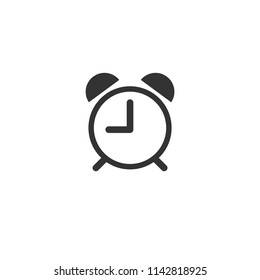 Alarm clock, wake-up time icon. Black clock with quarter. Flat icon isolated on white. Time pictogram. 