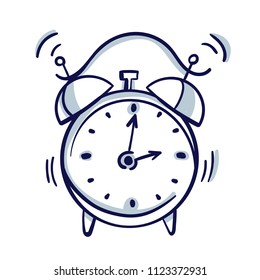 Alarm clock wake-up time isolated on background in flat style.
Hand drawn doodle cartoon vector illustration.