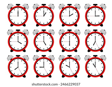 Alarm clock, wake-up time. Wecker set clip art. Red Black Colour wecker alarm clock. Time set isolated on white background in flat style. Vector illustration