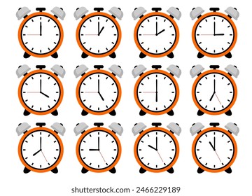 Alarm clock, wake-up time. Wecker set clip art. Orange Colour wecker alarm clock. Time set isolated on white background in flat style. Vector illustration