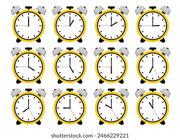 Alarm clock, wake-up time. Wecker set clip art. Yellow Black Colour wecker alarm clock. Time set isolated on white background in flat style. Vector illustration