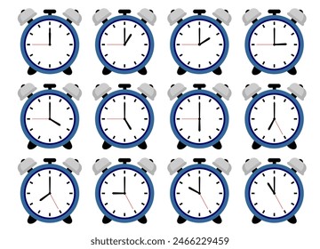 Alarm clock, wake-up time. Wecker set clip art. Blue Colour wecker alarm clock. Time set isolated on white background in flat style. Vector illustration