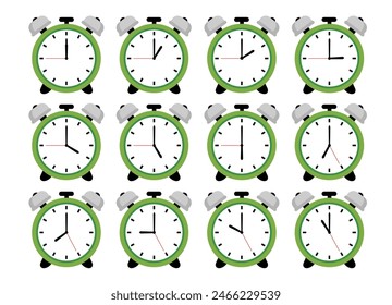 Alarm clock, wake-up time. Wecker set clip art. Green Colour wecker alarm clock. Time set isolated on white background in flat style. Vector illustration