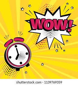 Alarm Clock With White Comic Bubble With WOW Word On Yellow Background. Comic Sound Effects In Pop Art Style. Vector Illustration.