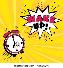 Alarm clock with white comic bubble with WAKE UP word on orange background. Comic sound effects in pop art style. Vector illustration