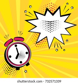 Alarm Clock With White Comic Bubble For Your Text On Yellow Background. Comic Sound Effects In Pop Art Style. Vector Illustration