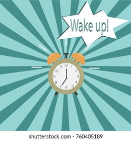 Alarm clock with white comic bubble with WAKE UP word on orange background. Comic sound effects in pop art style. Vector illustration