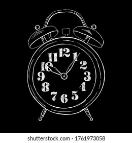 Alarm clock white outline vector illustration on black background. Hand sketched alarm clock vintage clipart