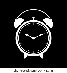 Alarm clock, white silhouette on black, flat design. Vector.