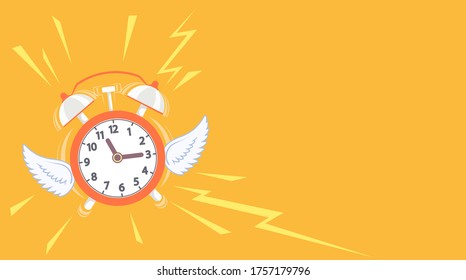 Alarm clock with wings flies away. Copy space background. Vector illustration.