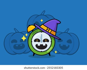 An alarm clock with witch hat. Isolated Vector illustration