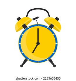 Alarm clock with yellow and blue arrows showing 7 am on a white background. It's time to get up and wake up for work, school. Vector.