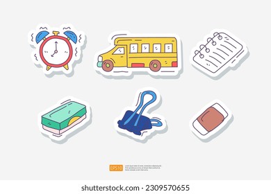 Alarm Clock, Yellow Bus School, Note, Whiteboard Eraser, Paper Clip Binder. School and Creative Study Doodle Sticker Icon Set Vector Illustration