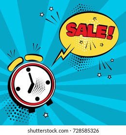Alarm clock with yellow comic bubble with SALE word on blue background. Comic sound effects in pop art style. Vector illustration.