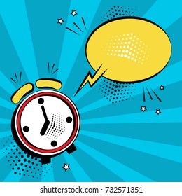 Alarm clock with yellow comic bubble for your text on blue background. Comic sound effects in pop art style. Vector illustration