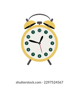 The alarm clock is yellow on a white background. Vector image.