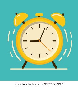 Reloj de alarma, tiempo de reactivación amarillo sobre fondo de menta en ilustración de estilo plano. Diseño del logotipo del reloj. Icono de vector de tiempo y reloj. Símbolo de temporizador. 