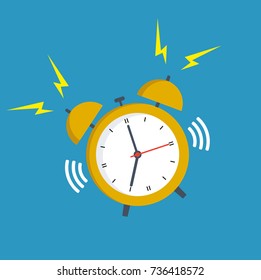 Alarm clock yellow wake-up time isolated on background in flat style.