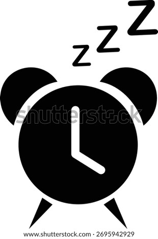 Alarm clock with zzz vector icon in black flat and line style, includes sleep time symbol, bedtime wake-up reminder illustration, morning rest concept and relaxation design