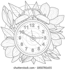  Alarm clock.Coloring book antistress for children and adults. Illustration isolated on white background.Zen-tangle style.