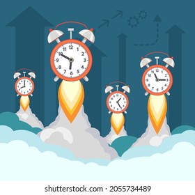 Los relojes de alarma vuelan al cielo como cohetes. Plazo en los negocios. Ilustración vectorial.